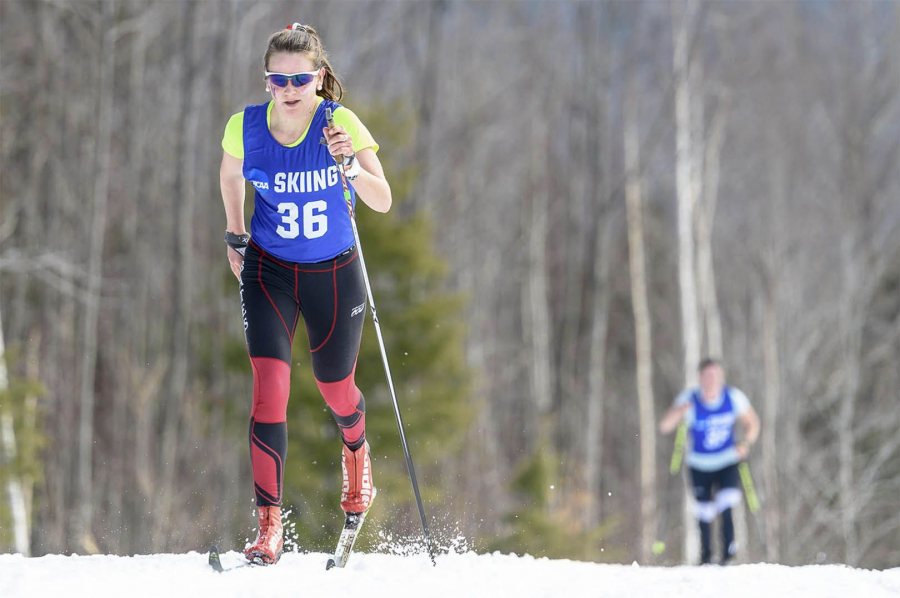 On a balmy February day, Sadie James ’17 of Avon, Maine, skis her way to the 5K classical win at the Bates Carnival, becoming the first Bates woman in 14 years to win an EISA carnival Nordic race. (Steve Fuller ’82/Flying Point Road) 