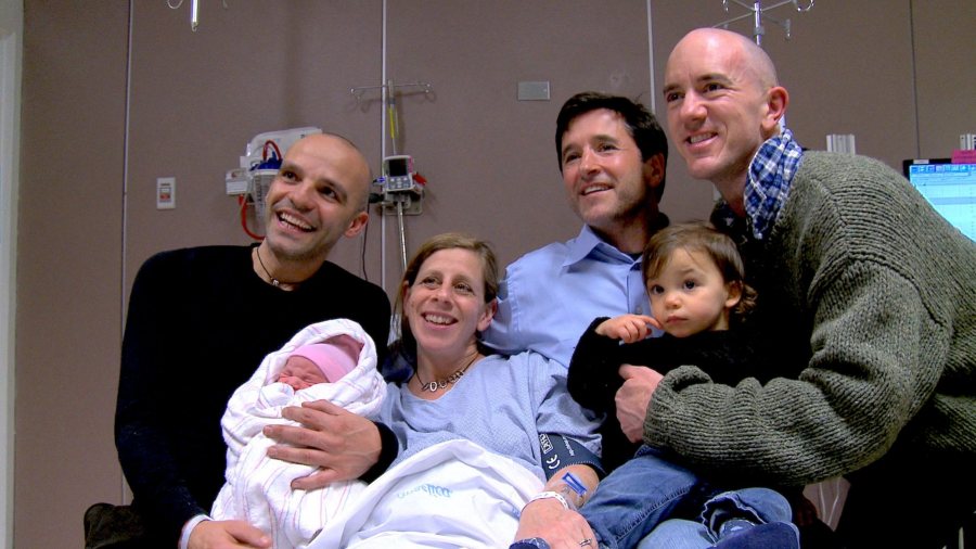 The Guys Next Door principals shortly after Eleonora's birth, in January 2012. From left: Sandro Sechi, Eleonora Sechi Mercer, Rachel Segall, Tony Hurley, Rachel Maria Sechi Mercer, Erik Mercer. (A Squared Films)