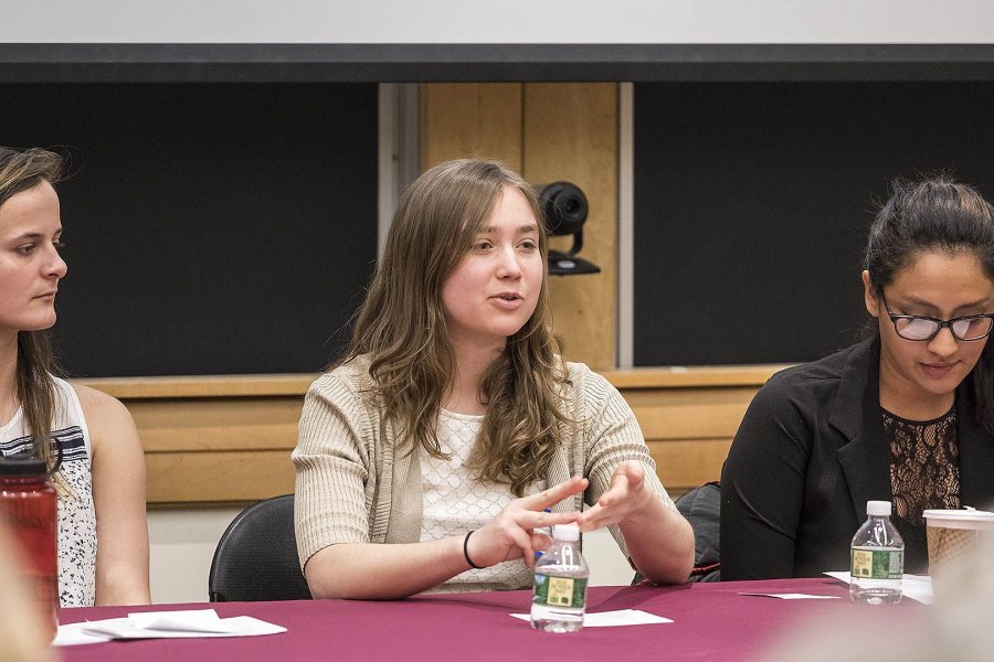 Claire Brown '17 presents her honors thesis research on Maine's Adult Drug Court system during the Mount David Summit on March 31. (Josh Kuckens/Bates College)