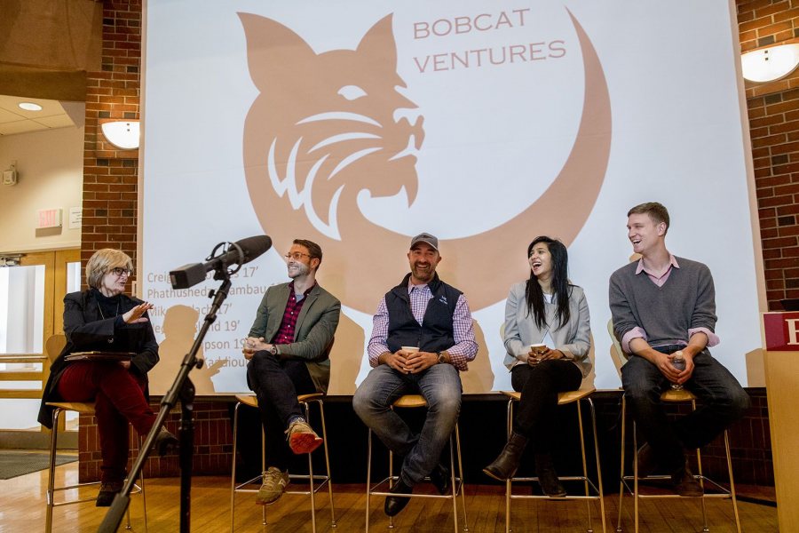 President Clayton Spencer leads a pre-event discussion with the judges. From left, Ben Schippers '04, Chris Barbin ’93, Tasnia Huque ’12, and Reid Christian ’12. (Phyllis Graber Jensen/Bates College)