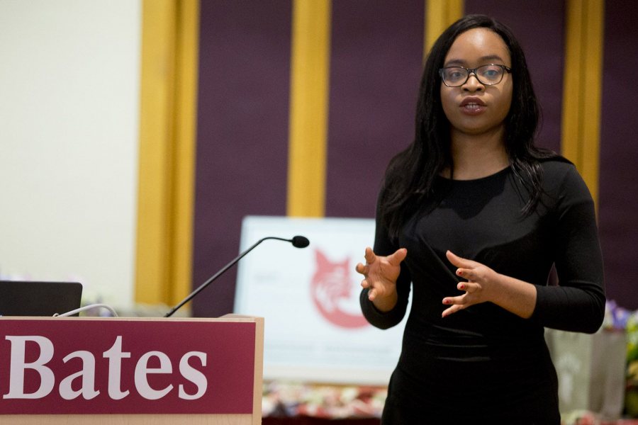 Alexandria Onuoha ’20 of Malden, Mass., presents her pitch for a line of natural and organic hair care products. (Phyllis Graber Jensen/Bates College)