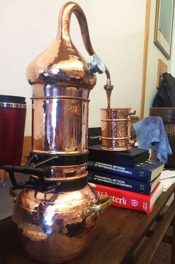 Economics professor Jim Hughes will use this copper still to make rum in the course "Six Beverages That Changed the World." (Jay Burns/Bates College)