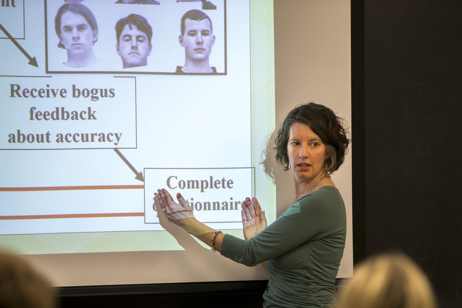 Professor of Psychology Amy Douglass teaches a master class on psychology and law for newly admitted students to the Class of 2021 who visited campus in a daylong program. (Phyllis Graber Jensen/Bates College)
