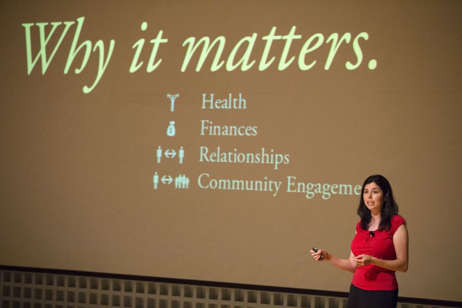 During Orientation last August, Rebecca Fraser-Thill talks about Purposeful Work with parents of students in the Class of 2020. (Phyllis Graber Jensen/Bates College)