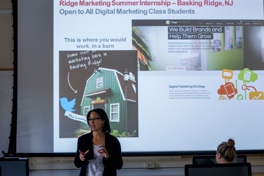 In addition to arranging internships for several of her digital marketing students, Ashley Hart '91 is helping all the students compile portfolios of their work in the course to help with the post-graduation job hunt. (Phyllis Graber Jensen/Bates College)