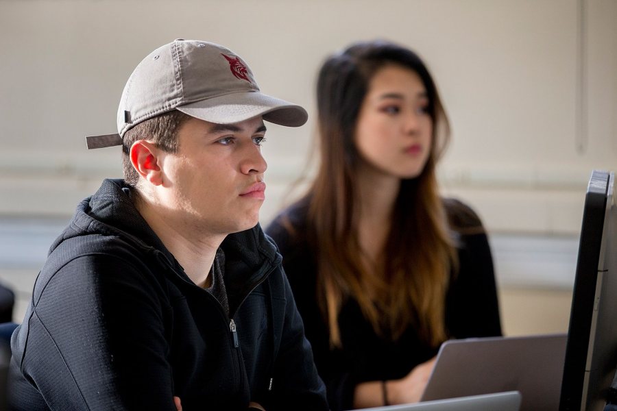 Christian Zavala '17 and Jennie Chen '20 are two members of a digital marketing team in a Short Term course taught by Ashley Hart '91. (Phyllis Graber Jensen/Bates College)