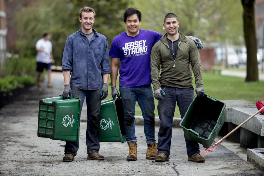  Max Millslagle '17 of Bend, Ore., JD Chow '17 of Montclair, N.J., and Diego Marcogliese '17 of Los Angeles take a brief break from work to pose for a photograph. (Phyllis Graber Jensen/Bates College)