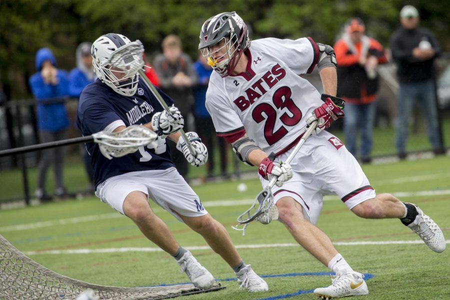 Senior captain Charlie Fay of Falmouth, Maine, scored four goals vs. Middlebury in May to break the single-season goal record held by Mike D’Addario ’00. Fay now has 64 goals...and counting. (Phyllis Graber Jensen/Bates College) 