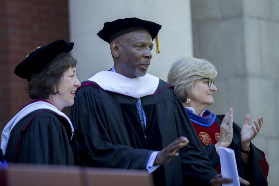 Maine's senior U.S. senator, Republican Susan Collins, joins Bates President Clayton Spencer in applauding education visionary Jeffrey Canada as he acknowledges applause after his keynote address. (Phyllis Graber Jensen/Bates College)