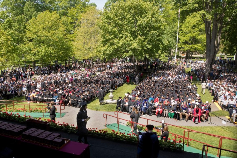 The Commencement 2017 gathering seen from an upper floor of Coram Library. For the first time in years, bleachers weren't used for Commencement seating. (Phyllis Graber Jensen/Bates College)