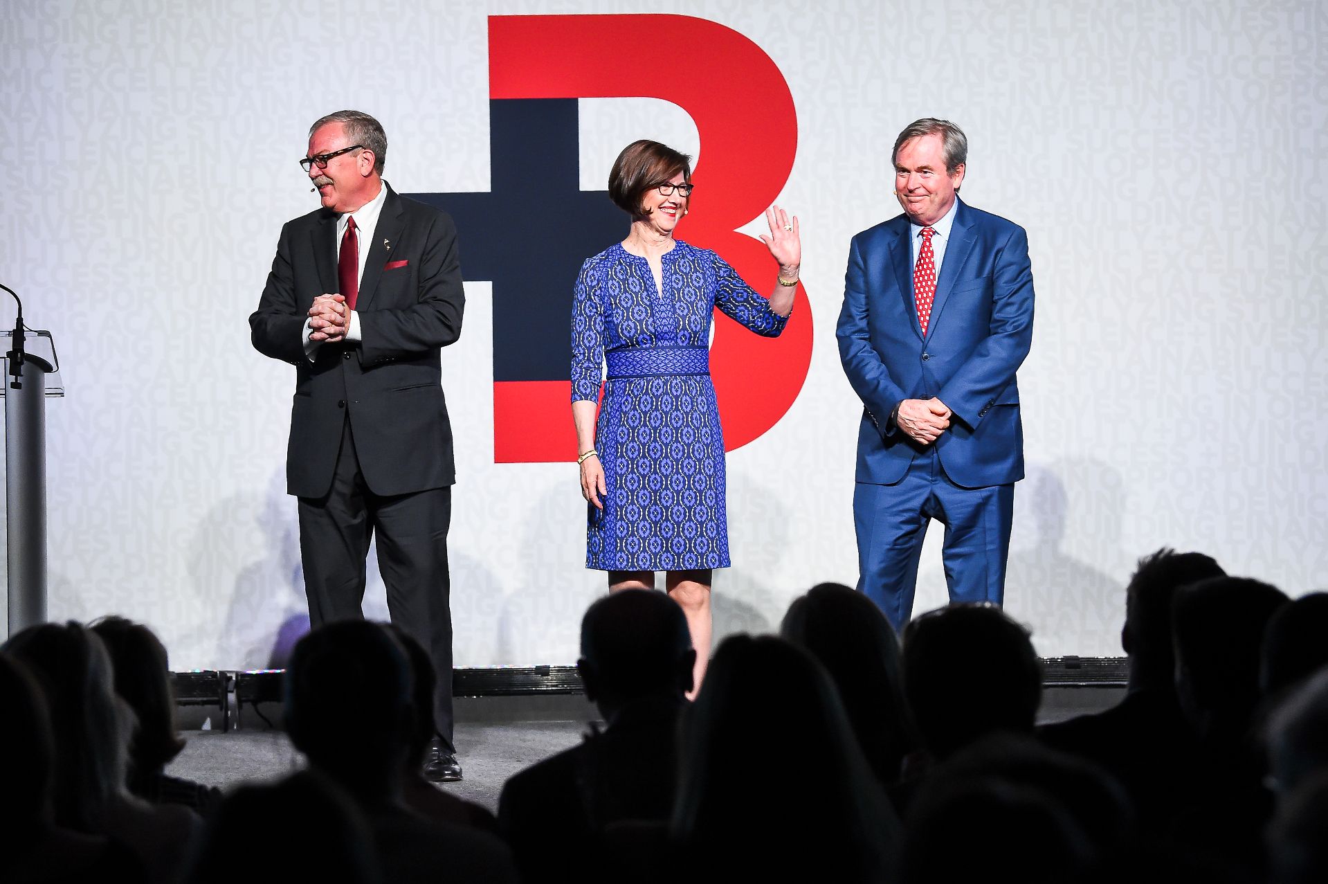 Co-chairs of The Bates Campaign are, from left, John Gillespie ’80, P’13, P’18; Geraldine FitzGerald ’75; and Michael Bonney '80, P'09, P'12, P'15. (Andree Kehn for Bates College)