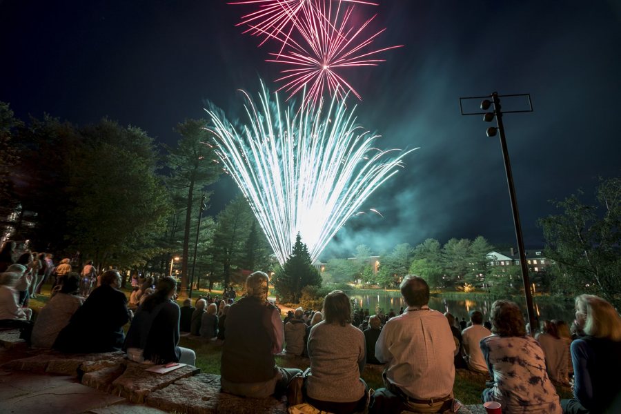 A spectacular fireworks display over Lake Andrews captivates alumni and friends at Reunion. (Rene Roy for Bates College) 