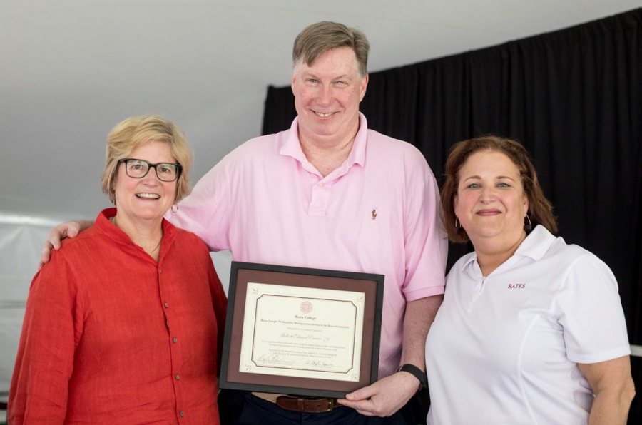 Robert Cramer '79 poses with President Clayton Spencer (left) and Alumni Association President Lisa Romeo '88 at the Annual Gathering of the Alumni Association during Reunion on June 10. (Rene Roy for Bates College)