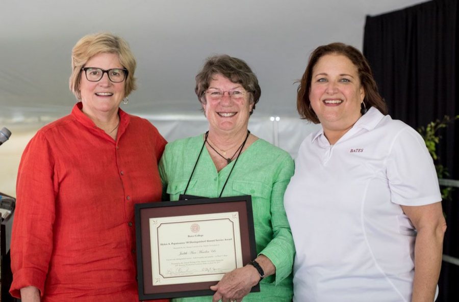Judy Marden '66 (center) poses with President Clayton Spencer (left) and Alumni Association President Lisa Romeo '88 at the Annual Gathering of the Alumni Association during Reunion on June 10. (Rene Roy for Bates College)