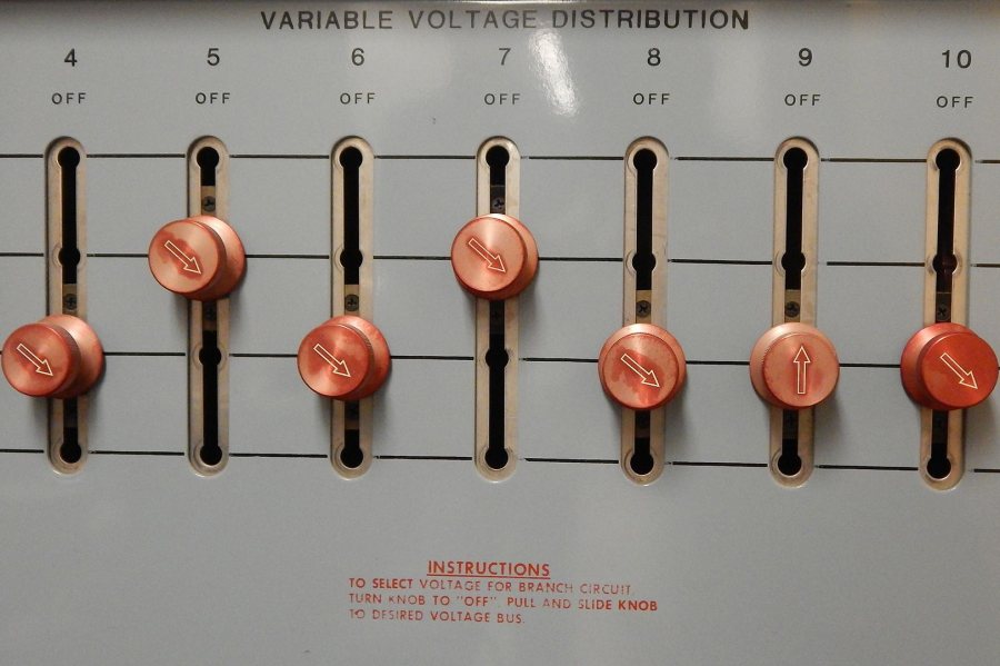 A closeup of the Hampden direct-current distributor in a storeroom next to Carnegie 339. It sends DC -- of the voltage of your choice! -- to outlets around the classroom to power lab equipment. (Doug Hubley/Bates College) 