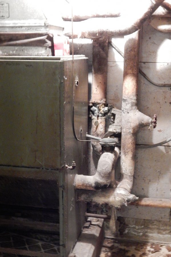 One of two obsolescent heat exchangers in the Den that are being replaced during summer 2017. (Doug Hubley/Bates College)