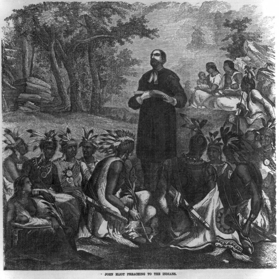 "John Eliot preaching to the Indians," a wood engraving published in Ballou's Pictorial, vol. 10, 1856. (Library of Congress Prints and Photographs Division)