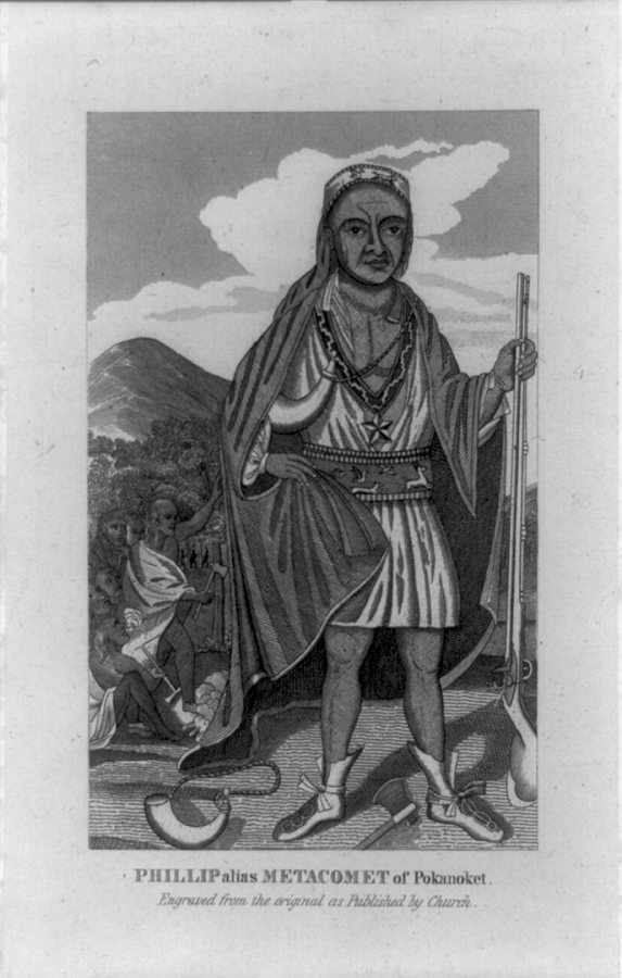 The Wampanoag chief Metacomet depicted in a copy of an engraving by Paul Revere, published in "The entertaining history of King Philip's war," by Thomas Church, 1772. (Library of Congress Prints and Photographs Division)