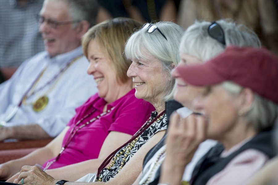 Audience members react as President Spencer interviews Elizabeth Strout '77. (Phyllis Graber Jensen/Bates College)