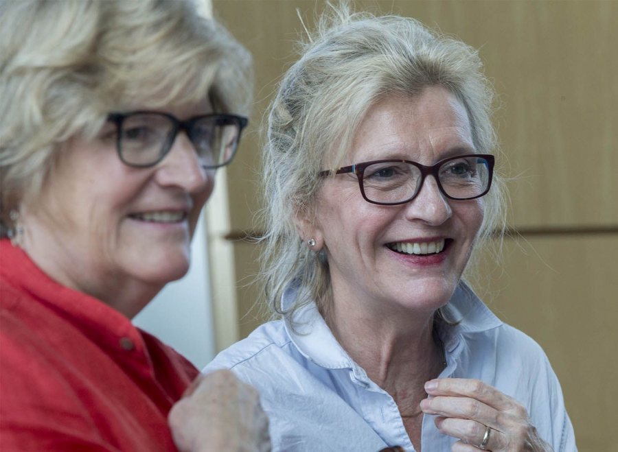 President Spencer and Elizabeth Strout '77 talk with audience members after their interview.(Phyllis Graber Jensen/Bates College)