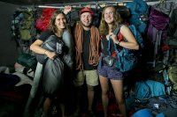 This year's co-coordinators of the college's Orientation-week Annual Entering Student Outdoor Program  are, from left, neuroscience major Katie Hartnett ’18 of St. Paul, Minn., geology major Kurt Niiler ’18, of Freedom, N.H., and environmental studies major Adair Andre '18 of Edina, Minn. (Phyllis Graber Jensen/Bates College)