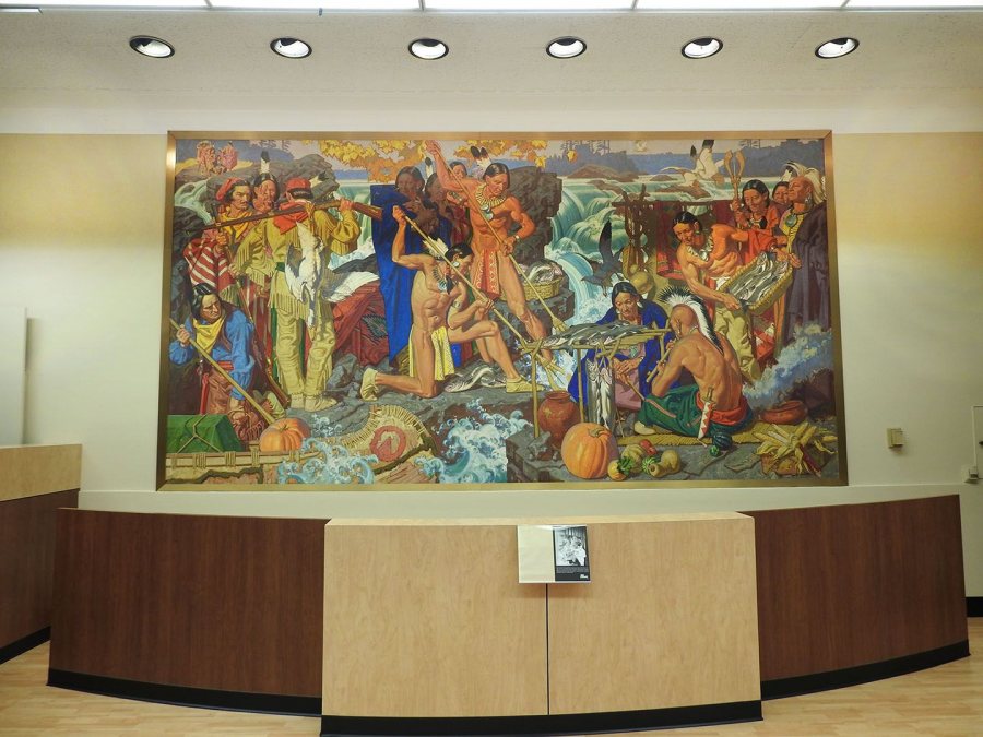 A mural by famed 20th century illustrator Dean Cornwell is on display in the lobby of a local credit union. The mural was completed in 1960 when the building housed Manufacturers National Bank.