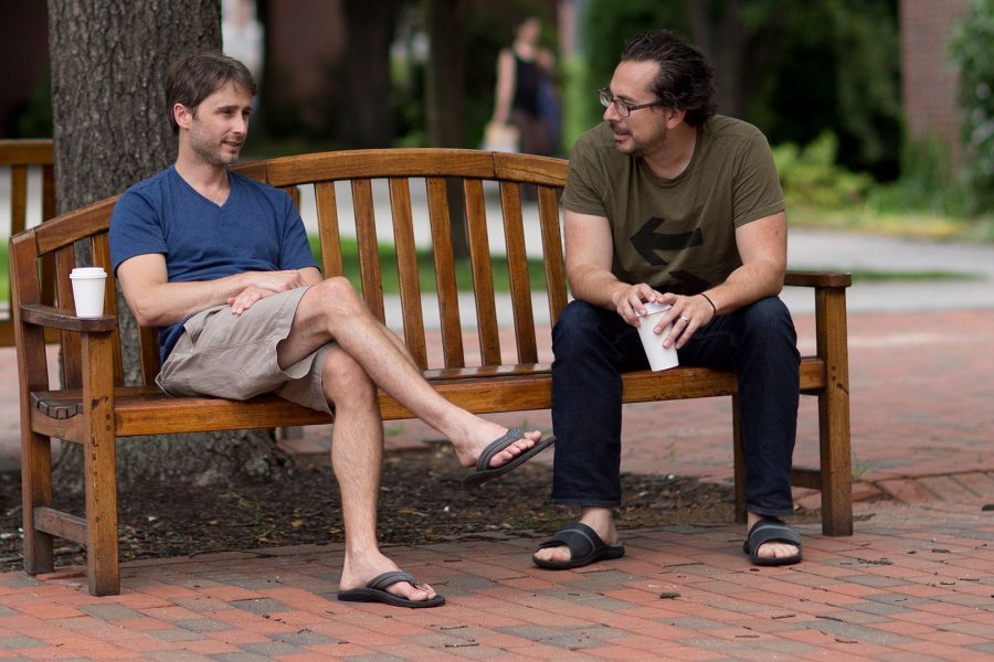 Assistant Professor of Physics Travis Gould, left, and Assistant Professor of Neuroscience Jason Castro are typical of newer faculty at Bates who are running with the college tradition of collegiality and cross-discipline collaboration. They're working on a project to image brain structures at the resolution of a single cell. (Phyllis Graber Jensen/Bates College)