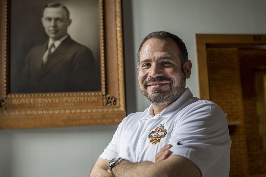 Director of Athletics Jason Fein poses in the Alumni Gym lobby adjacent to his office shortly after his July 1 arrival at Bates. (Phyllis Graber Jensen/Bates College)