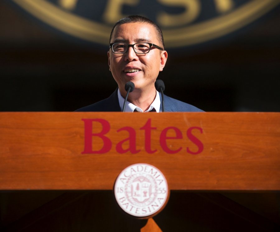 Darryl Uy, Director of Admission, speaks before President Clayton Spencer's Welcome Address outside of the Corum Library Quad Monday afternoon.