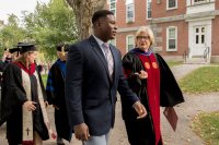 The Bates Community gathers on the Historic Quad for the college's Opening Convocation, featuring a procession with the Class of 2021, faculty and senior staff, a welcome and introduction by President Clayton Spencer, greetings from Walter Washington '19 of Fleetwood, N.Y., president of the Bates College Student Government, a Convocation Address "Summer Posts, Fall Possibilities," and a benediction by Brittany Longsdorf, multi faith Chaplain.