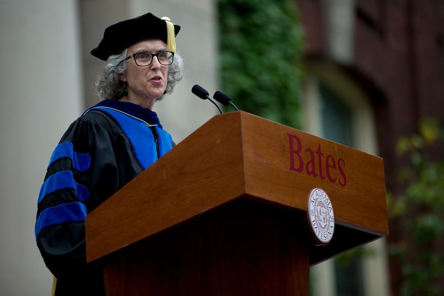 Professor of Sociology Emily Kane gives the 2017 Convocation Address, titled "Summer Posts, Fall Possibilities." (Phyllis Graber Jensen/Bates College)