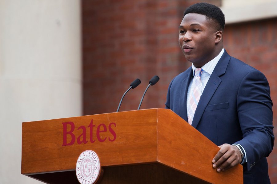 Walter Washington '19 of Fleetwood, N.Y., president of the Bates Student Government, delivers greetings to the Class of 2021 during the 2017 Convocation, on Sept. 5. (Theophil Syslo/Bates College)