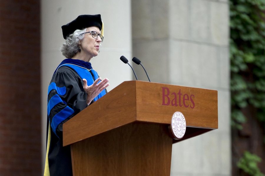 Professor of Sociology Emily Kane delivers her Convocation address, "Summer Posts, Fall Possibilities," on Sept. 5, 2017 (Phyllis Graber Jensen/Bates College)