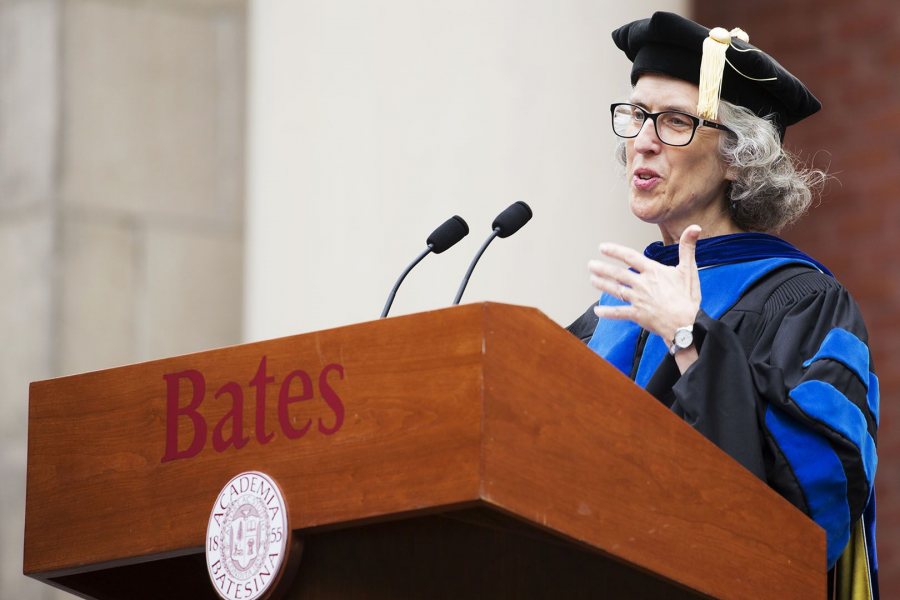 Professor of Sociology Emily Kane gestures while delivering the Convocation Address on the Historic Quad on Sept. 5, 2017. (Theophil Syslo/Bates College)