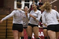 Jacqueline Forney '18 (15), Taylor Stafford-Smith '20 (9), Angel Echipue '21 (16), and Claire Naughton '19 (8) react after a point. (Theophil Syslo/Bates College)