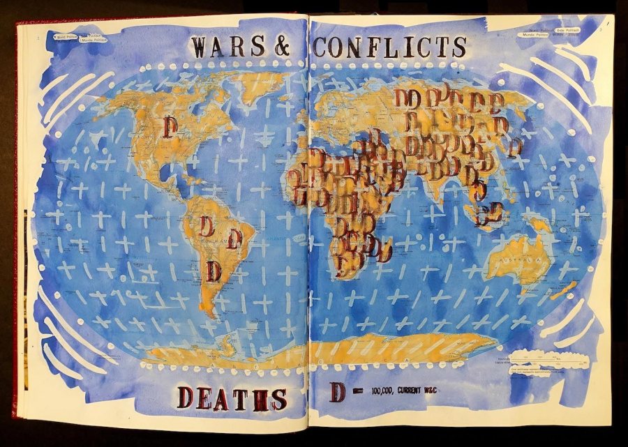 Dan Mills' painting "Current Wars and Conflicts Killed by Continent, Book 02," ink, watercolor, and gouache on atlas, 15 1/4 x 22 1/2 x 2 inches. 