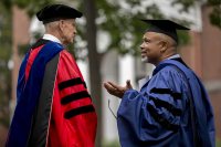 Tuesday, Sept. 5: Professor Emeritus of Sociology Sawyer Sylvester talks with Professor of Religious Studies Marcus Bruce ’77 after Convocation. (Phyllis Graber Jensen/Bates College)