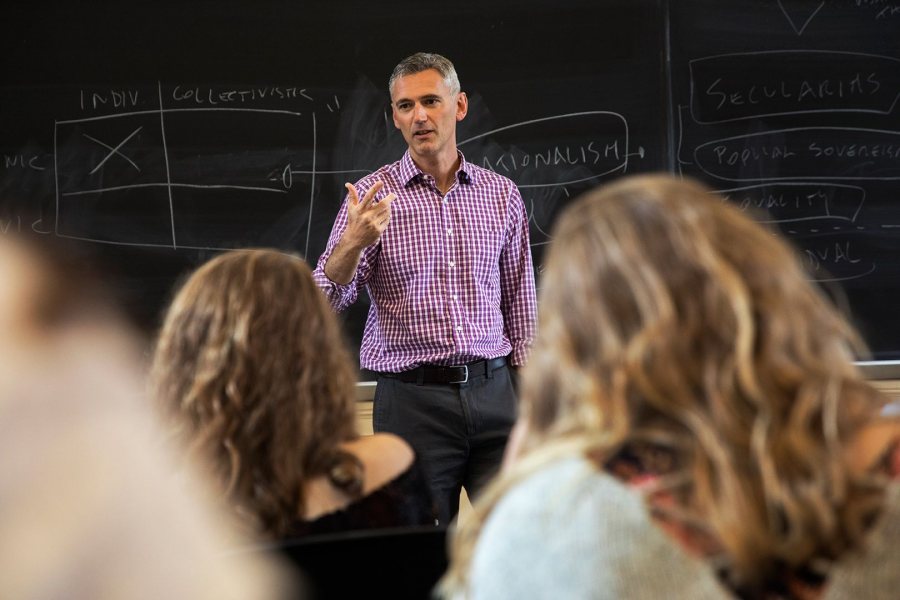 Duina leads a political sociology class in Hedge Hall in September 2017. (Theophil Syslo/Bates College)