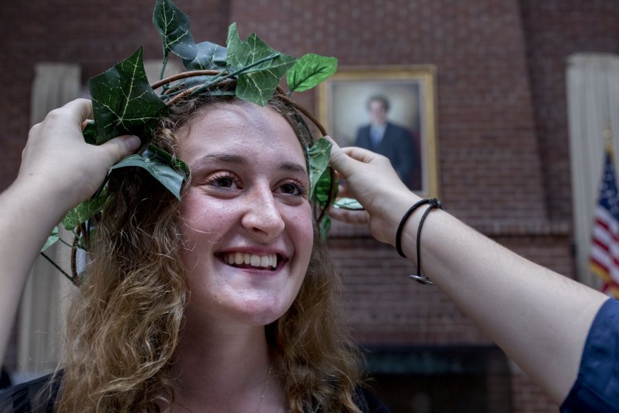 Caroline Barnes '19 of Sarasota Springs, N.Y. is inducted into Eta Sigma Phi, the national classics honor society, on Sept. 27 in the Muskie Archives. (Phyllis Graber Jensen/Bates College)