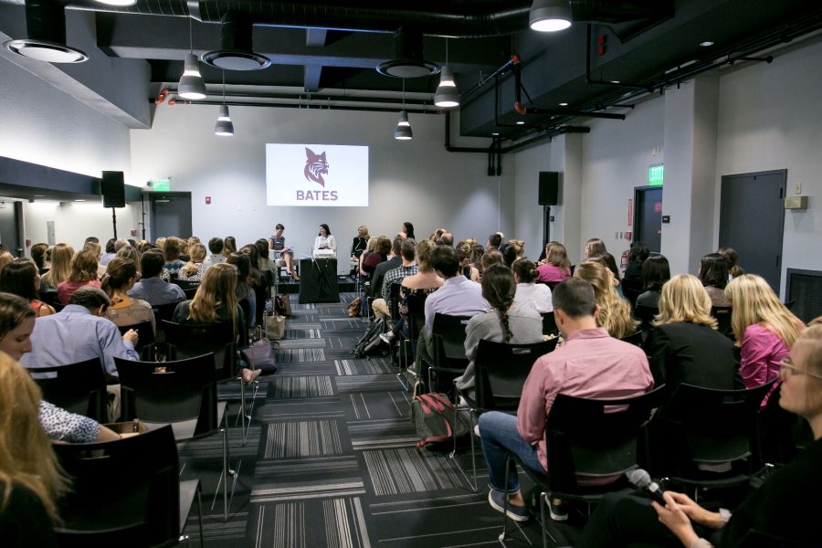 Bates alumni, parents, and friends, many of them young alumnae in their 20s, packed a room in Boston's Revere Hotel for the panel on women in leadership on Sept. 28 (Paige Brown/Bates College)