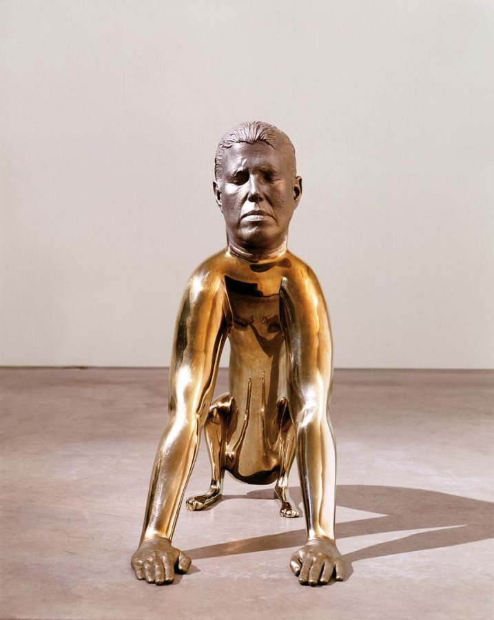 "Dog" (1998–2001) by Rona Pondick, yellow stainless steel, AP, edition of six. Courtesy of Galerie Thaddaeus Ropac, London/Paris/Salzburg, Sonnabend Gallery, New York, Zevitas/Marcus Gallery, Los Angeles and the artist.