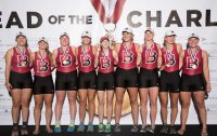 Guided by coxswain Hanna De Bruyn ’18 of Old Lyme, Conn., the women's varsity eight set a course record in winning the women's collegiate eights at the Head of the Charles Regatta. (Photograph by Daniel D’Ottavio)
