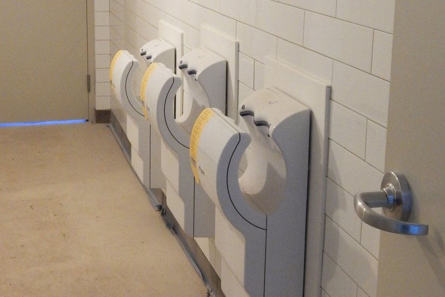 Bates dormitories will soon sport a few new resource-conserving hand dryers like these units in Kalperis Hall. (Doug Hubley/Bates College)
