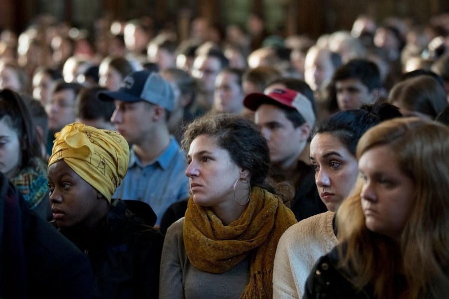 Students, staff, faculty, and members of the community filled the Peter J. Gomes Chapel for the Martin Luther King Jr. Day keynote speech at Bates. (Phyllis Graber Jensen/Bates College) 