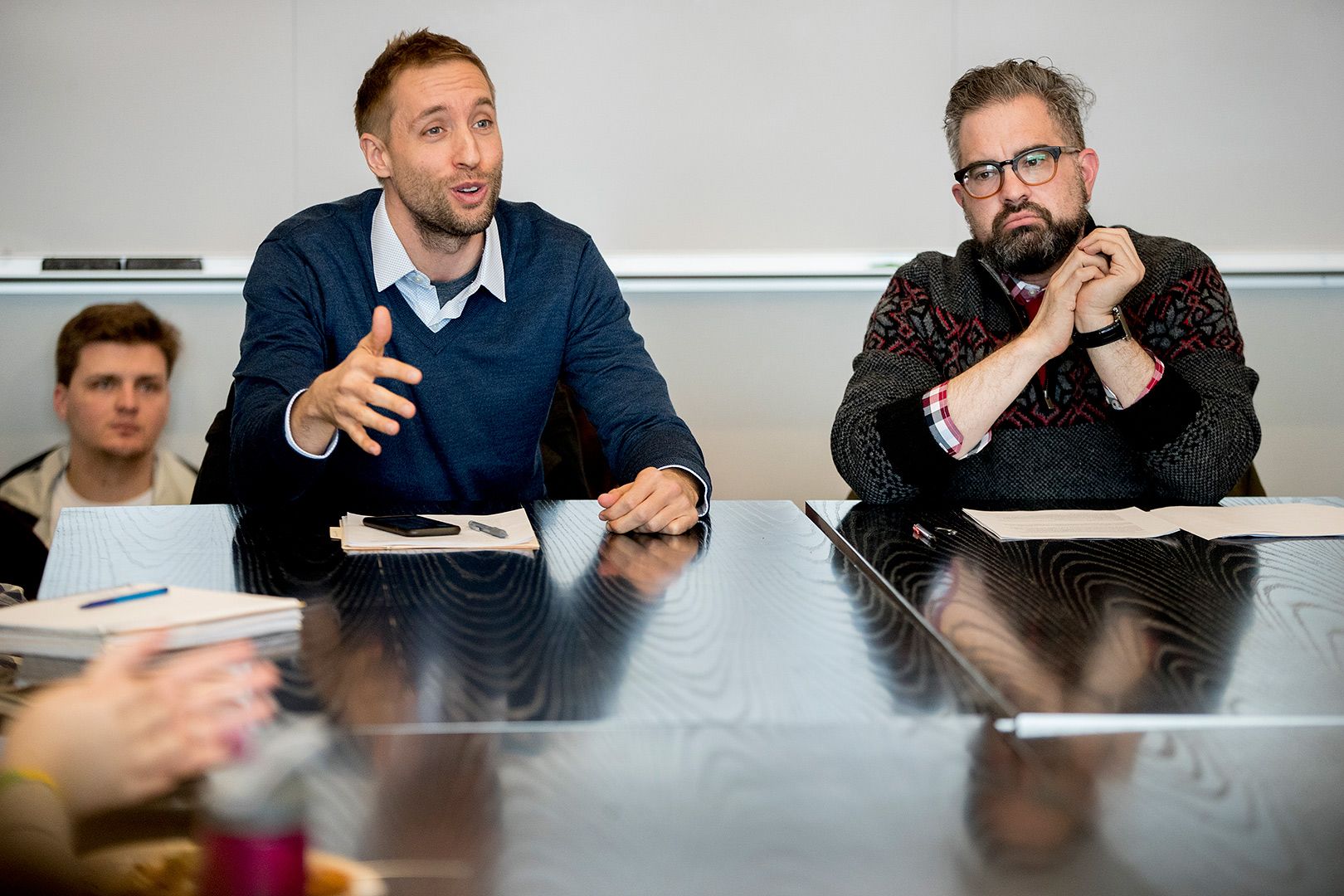 At left, Timothy Lyle, assistant professor of English at Iona College, and Stephen Engel, associate professor of politics at Bates, present a paper titled "F***ing With Dignity" at Bates on March 2. The presentation was offered in coordination with the Bates production of "Angels in America." (Phyllis Graber Jensen/Bates College)