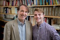 Brian Ruppert, the new Kazushige Hirasawa Chair of Japanese Studies poses with Garrett Anderson '18, a double major in Japanese and East Asian Studies. Anderson, who studied abroad in Japan in his junior year, and will return to Japan for a post-grad fellowship in the Japan Exchange and Teaching Program in one of its most sought-after position, as a  coordinator for international relations, who assists local government offices in international exchange activities. (Phyllis Graber Jensen/Bates College)