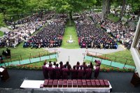 The Commencement Choir, conducted by Lecturer in Music John Corrie, sings "Who Is Wise" during Commencement on May 27, 2018. (Theophil Syslo/Bates College