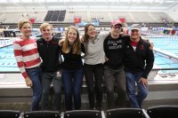 The Depew family poses at the 2018 NCAA Division III Swimming and Diving Championships. From left, Jonathan '18, Caroline '16, Emily '14, Nathaniel ‘12, and Mark. (Larry Radloff for Bates College)