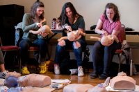 Training during Short Term in Skelton Lounge for Bates Emergency Medical Service.

Brittany Seipp '21 of Glen Head, N.Y.,  (left) Jamie Siegart '21 of Manchester, N.H., (center)
Phoebe Hyland  '21 of Cambridge, Mass. (pink t shirt, right)