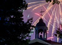 Reunion fireworks as seen over Hathorn Hall, photographed from the Historic Quad.